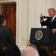 President Donald Trump answers a question from Jim Acosta of CNN after giving remarks a day after the midterm elections on November 7, 2018 in the East Room of the White House in Washington, DC.